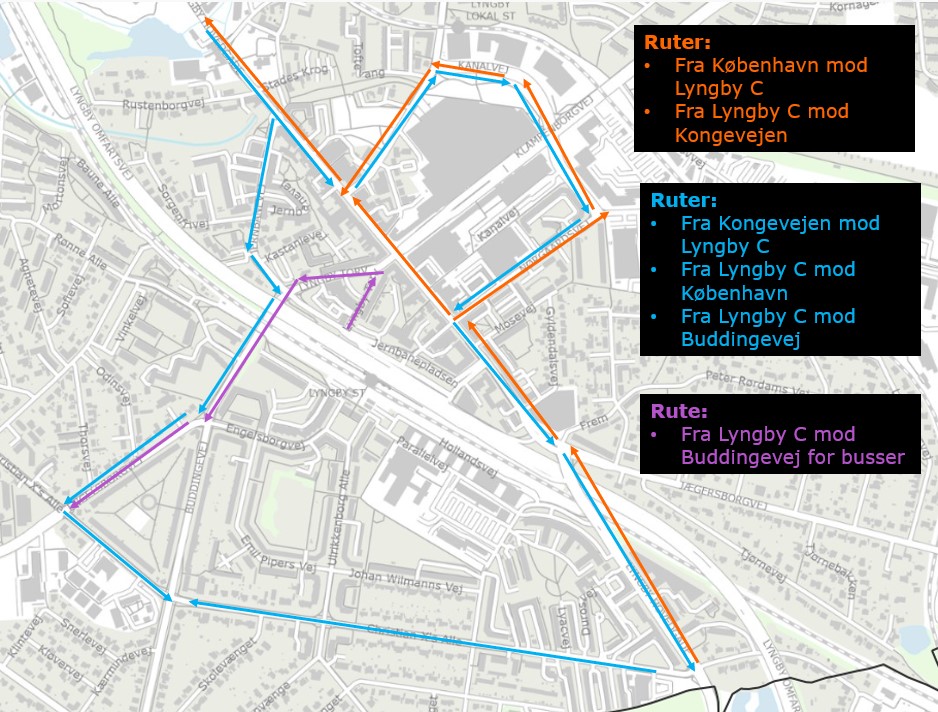 Midlertidig ensretning af Lyngby Hovedgade ændrer kørselsretning 14. juli. Kørselsmuligheder til og fra Lyngby C fremgår af dette kort. Klik på kortet for at se det i større format.