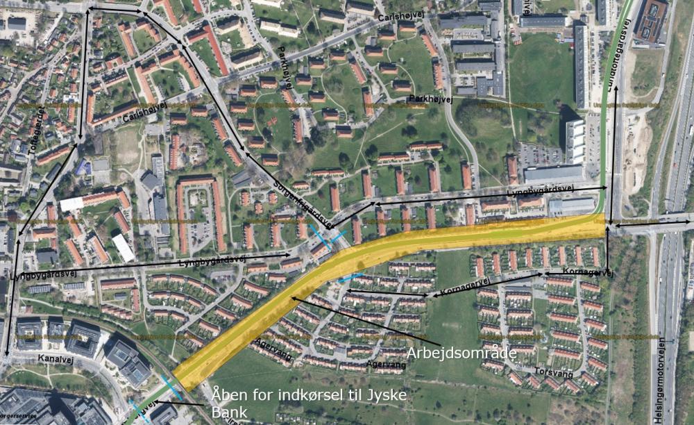 Midlertidig lukning af Klampenborgvej mellem Lundtoftegårdsvej og Firskovvej fra ultimo oktober til medio november. Gult område afspærres - de sorte pile viser omkørselsruter.