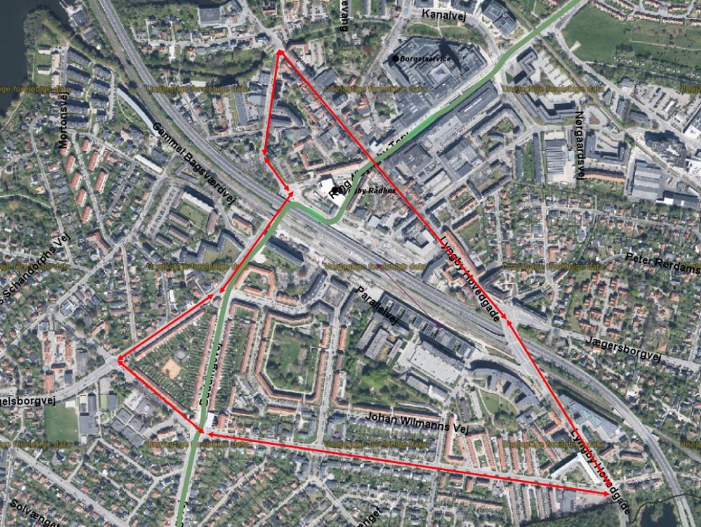 Omkørselsrute i forbindelse med asfaltarbejde på Jernbanepladsen oktober 2023.