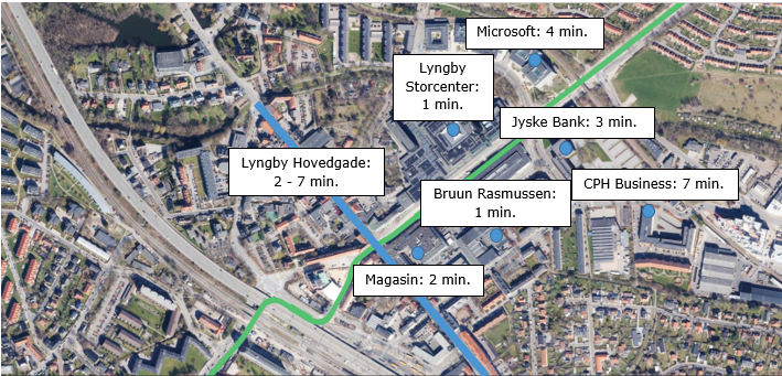 Oversigtskort, som viser afstand fra Lyngby Centrum Station