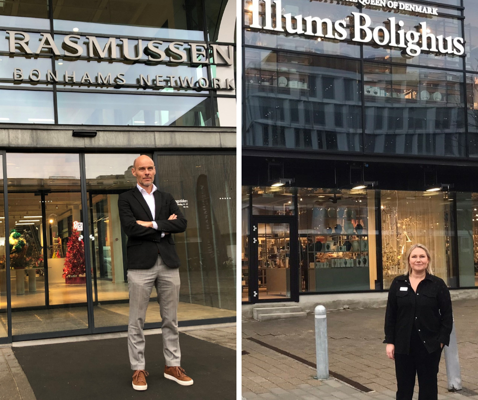 Jakob Dupont, CEO Bruun Rasmussens Auktionshus og Malene Ypkendanz regionschef Illums Bolighus foran deres forretninger, der begge ligger meget tæt på Klampenborgvej.