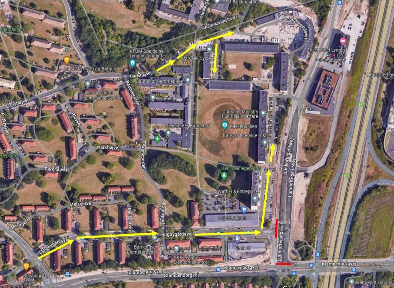 De gule pile viser midlertidige adgangsveje til Lundtoftegårdsvej 13-37 , mens der lægges skinner til letbanen på Lundtoftegårdsvej med opstart mandag 24. juni.