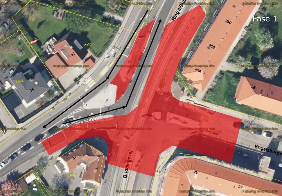 De allersidste optegningsopgaver i Engelsborgvej/Buddingevej krydset (markeret med rødt på kortet) færdiggøres medio juli 2024.