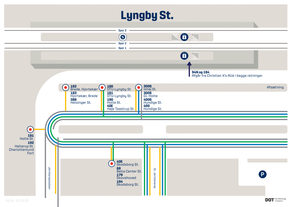 Midlertidigt kort over busstoppesteder på Lyngby Station pr. 8. juli 2024.