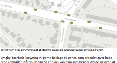 Kort over planlagt etablering af gruber på Buddingevej nær Christian X's Alle