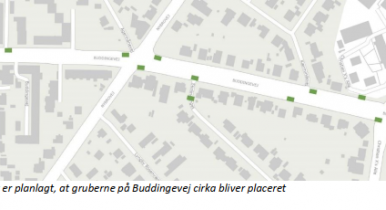 Kort over planlagt placering af gruber på Buddingevej