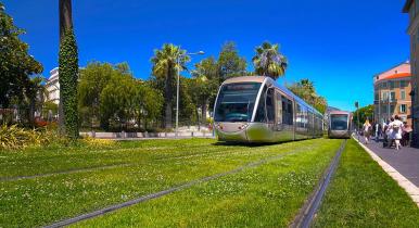 Der vil være græs mellem letbanesporene på dele af strækningen som her i Nice. (Photo: Découvrir Nice)