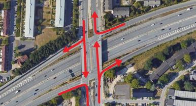 Når Buddingevej genåbnes vil der fortsat være restriktioner for bilister, der kører til og fra Motorring 3. De røde pile på billedet viser den  kommende trafiksituation.